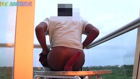 gaping black butthole shower show and then riding huge dildo balls deep in the sun