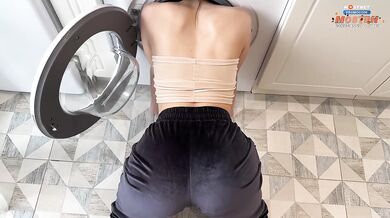 Beautiful stepsister with a perfect body got stuck in a washing machine. Fucked her