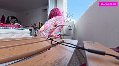 RISKY BALCONY 360°! Petite Babe masturbating from every angle