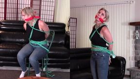 Anna- Tight Jeans, Rope Bondage, Red Bandana Cleave Gag, Tied Standing, Chair Tied