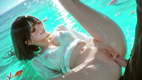 ai · black hair in soaked white top loses herself in sunny pool