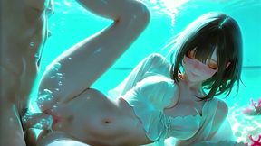 ai · black hair in soaked white top loses herself in sunny pool