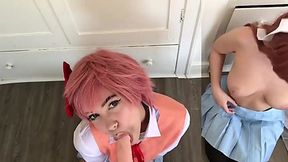 Anime cosplayers sucking dildo