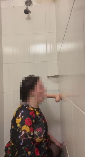 chubby fem boi crossdresser playing with dildo in shower