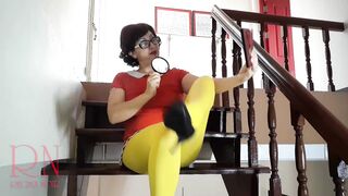 Velma Yellow Tights Performing into older House at Stairway