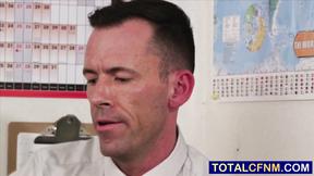 ”Office ladies exploring collegue's shaft at desk”