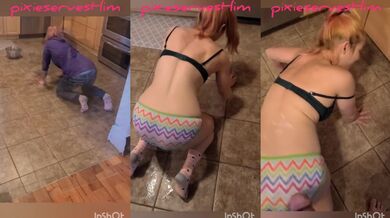 Maid’s panties ride while she cleans flatmate’s cock