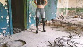 Boots, Jeans & Stepping Tease in an abandoned building