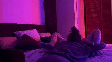 Two horny lesbians scissoring with straps on loud orgasms all over