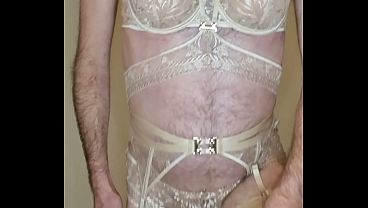 Crossdresser wearing Gold Aubade lingerie