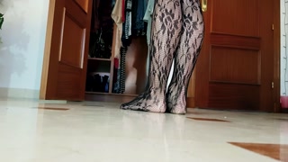 Sexy Feet Modelling Nylon Fishnet Stockings