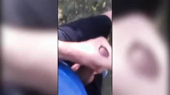 Exhibitionist guy flashes and jerks off outdoors near homeless man