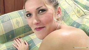 White stilettos signify Sarah's savage surrender to steamy strap-on sex