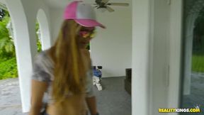 Blonde babe Daisy Mae rides a dick after a small interview