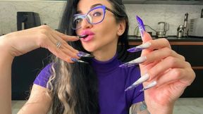 Finger snapping and sucking fingers with long nails, glasses and face, new shape and new length