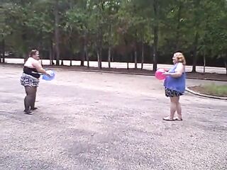 big beautiful woman angels play volley ball with balloons