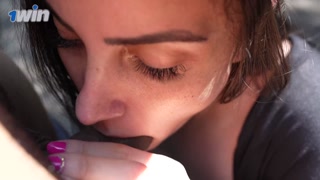 Busty brunette showing off and giving a blowjob on the avenue | Victoria RC | LP Produções