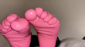 Oiled Pink Latex Toe Socks &amp; Footplay