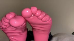 Oiled Pink Latex Toe Socks &amp; Footplay