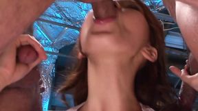 Asian Sex Fest Scene 1: Beautiful Japanese Girl Runa Sezaki in a Dress Sucking Three Cocks at Once