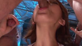 Asian Sex Fest Scene 1: Beautiful Japanese Girl Runa Sezaki in a Dress Sucking Three Cocks at Once