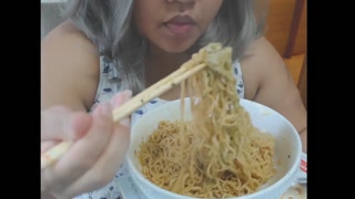 Cute feedee eats noodles for her feeder