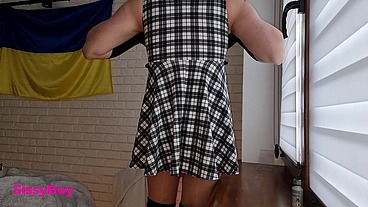 NYLON CUM. SISSY IN DRESS AND PANTYHOSE CUMS IN CHASTITY.