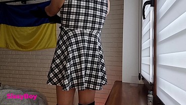 NYLON CUM. SISSY IN DRESS AND PANTYHOSE CUMS IN CHASTITY.