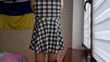 NYLON CUM. SISSY IN DRESS AND PANTYHOSE CUMS IN CHASTITY.