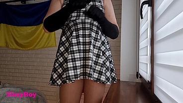 NYLON CUM. SISSY IN DRESS AND PANTYHOSE CUMS IN CHASTITY.
