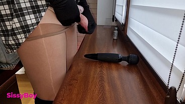 NYLON CUM. SISSY IN DRESS AND PANTYHOSE CUMS IN CHASTITY.