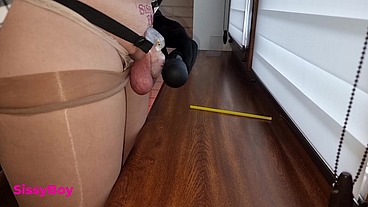 NYLON CUM. SISSY IN DRESS AND PANTYHOSE CUMS IN CHASTITY.
