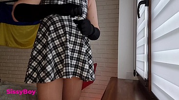 NYLON CUM. SISSY IN DRESS AND PANTYHOSE CUMS IN CHASTITY.