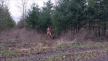 naked pathetic slave in penis cage and humiliating body writing hiking in public wood and peeing, BDSM CBT