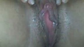 Black hairy pussy of my thick ebony wife soaks with love juice