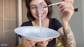 blowing snot on plate and playing with it