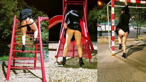 big booty hot milf is wearing a butt plug at park