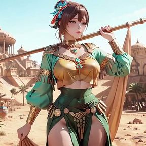 Green Gold Queen Coronation! Lazy Side-lying in the Desert Palace, Fingers Teasing Hair and Veil, Sun-kissed Skin Glistening.