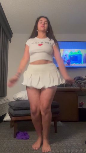 Jiggly brunette performs jumping jacks in lacy black lingerie, then drops her br