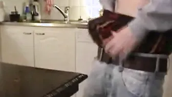 Twink in Sagging Pants Jerks Off and Cums on Table