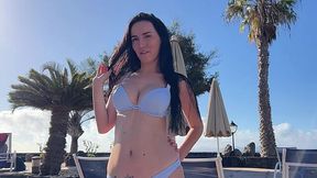 Risky fuck in a beach fitting room with a hot Russian MILF in bikini