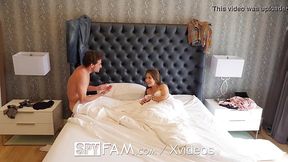 Small tits brunette girl gets fucked and creampied by big dicked stepbro