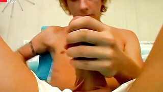 Gorgeous Casey Wood gobbles his hot cum after masturbating solo