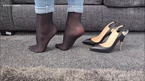 Shoeplay, Dangling and Dipping in Louboutin Slingback Heels with Nylons and Jeans