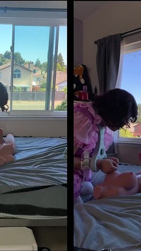 Pink Satin Sissy Maid Rides Her Sex Doll Toy While Locked