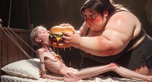 Extremely Skinny Girl Fed by Massive SSBBW - Extreme Feederism Contrast