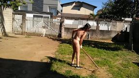 Housewife working naked in front yard while people was walking on street