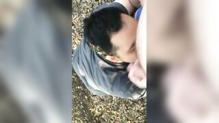 Horny young stud sucks hairy daddy's dick and gulps his cum in the great outdoors