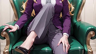 Blonde Boss in Purple Suit! Cyberpunk City vs. Private Bedroom Contrast, Lazy Poses, Finger on Lips, Body Already Soaked!