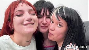 PutaLocura - Jovenes zorras Sara Villegas, Digna Morales y Laura Hardkinks tragan en el bukkake